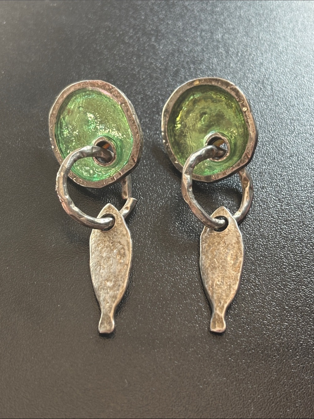 Green Enamel Dangle Earrings - Sterling Tone